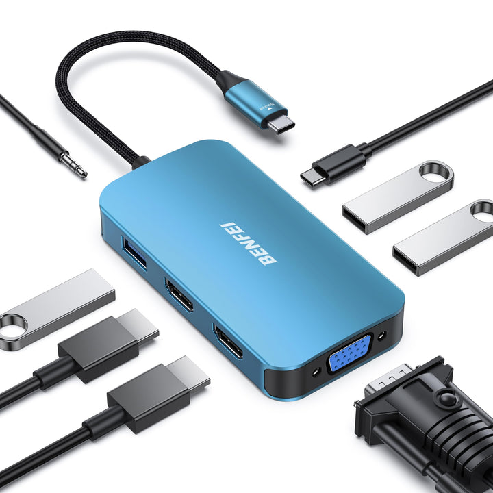 BENFEI USB C MST HUB 8-in-1, USB-C HUB mit USB-C zu 2*HDMI/1*VGA, USB-C zu 3*USB 3.0/100W Power Deli