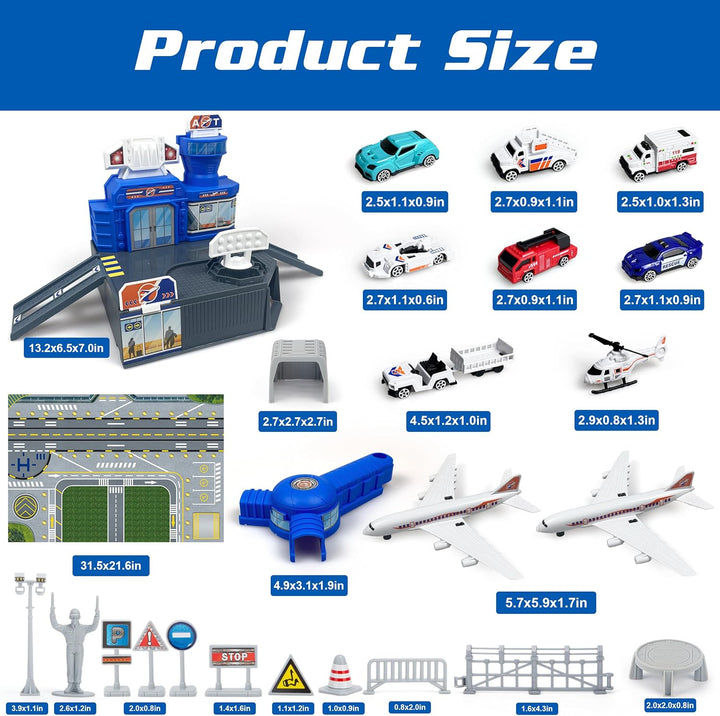 Flugzeug Spielzeug Set mit Lastwagen, Hubschrauber, Flugzeuge, Schilder und Flughafen-Spielmatte, in