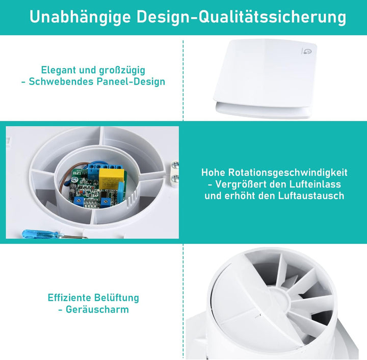 Ikodm Badlüfter 150mm mit Feuchtigkeitssensor und Rückstauklappe timer, Badezimmerlüfter Bad Lüfter