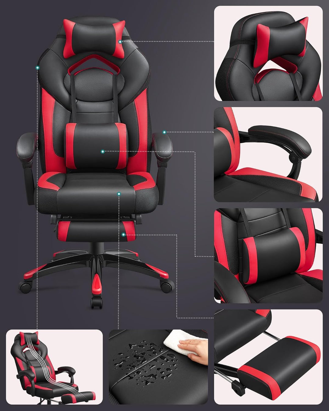 SONGMICS Ergonomischer Gamer-Sessel, Gaming-Stuhl, Bürostuhl, mit Teleskop-Fussstütze, verstellbare