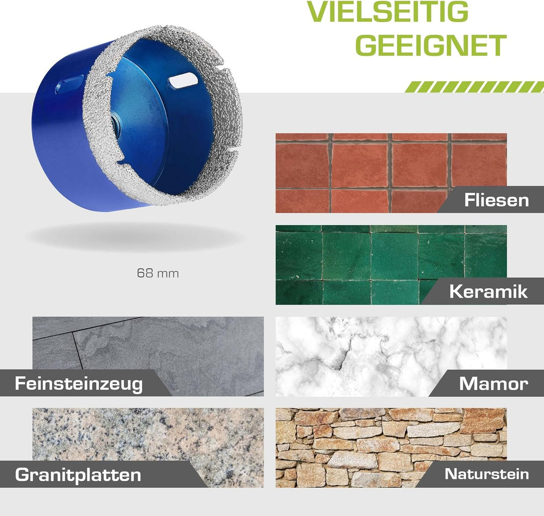 Profi Fliesenbohrer 68mm x M14 - Diamantbohrer für harte Fliesen, Feinsteinzeug uvm. Diamantbohrkron