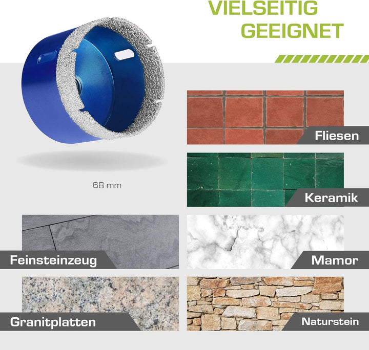 Profi Fliesenbohrer 68mm x M14 - Diamantbohrer für harte Fliesen, Feinsteinzeug uvm. Diamantbohrkron