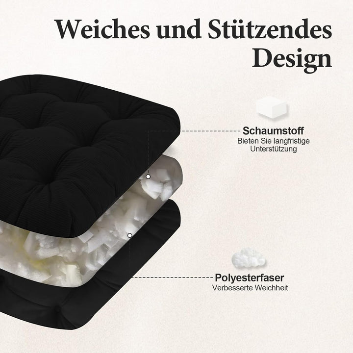 2er Set Stuhlkissen, 50x50x7 cm, Schwarz – Bequeme Sitzkissen aus Cordstoff und Kristallsamt mit Bin