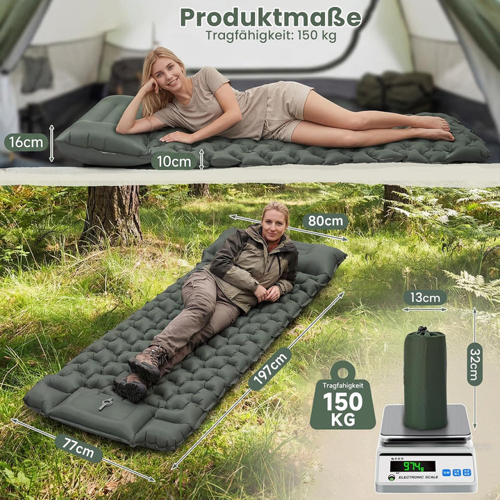 HAUSPROFI Isomatte Camping Luftmatratze extra breit, Ultraleicht, aufblasbar – mit integriertem Kiss