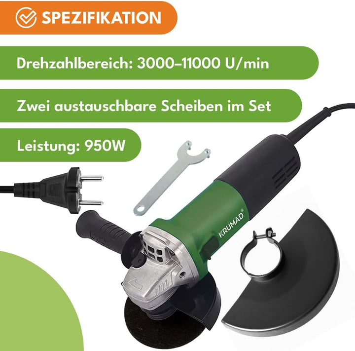 KRUMAD Winkelschleifer 950W – Scheiben-Ø 125mm – Leistungsstarke Schleifmaschine mit 3.000-11.000 U/