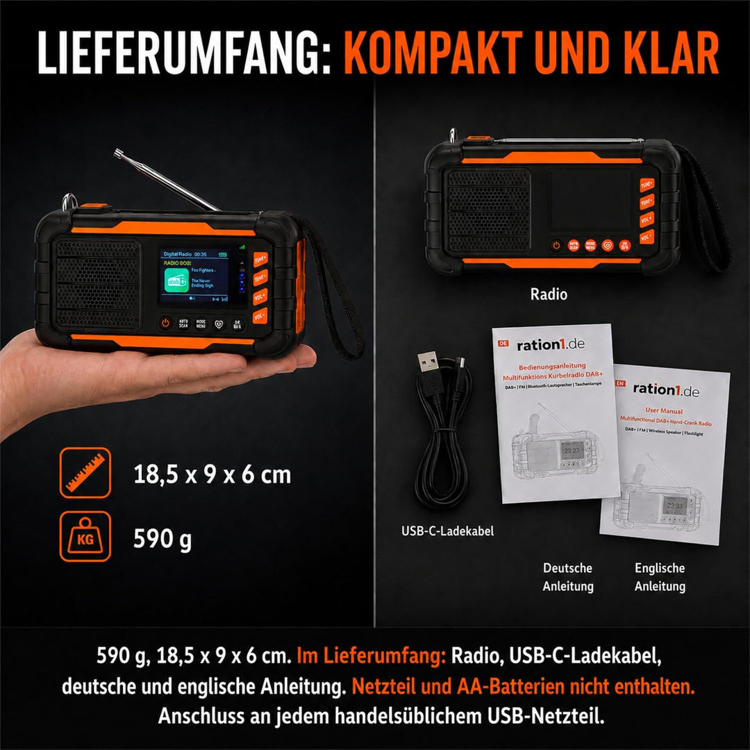 ration1 DAB+ Radio Kurbelradio Notfallradio mit Powerbank, Solar &amp; Kurbel | 10.000 mAh, 80 h Laufzei