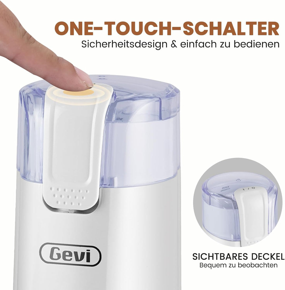 Gevi Kaffeemühle, schnelles Mahlen, einstellbarer Mahlgrad, Bohnenmesser aus Edelstahl, Sicherheitsa