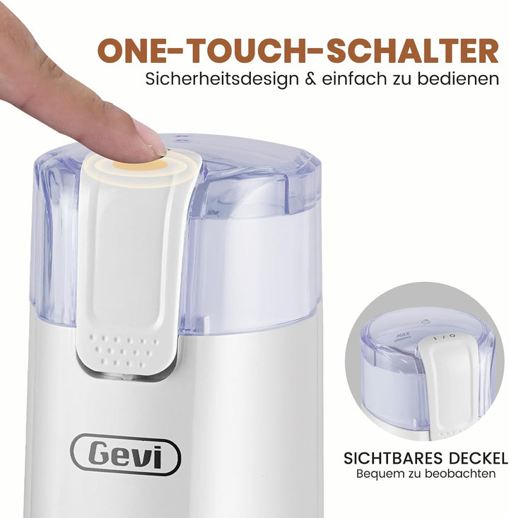 Gevi Kaffeemühle, schnelles Mahlen, einstellbarer Mahlgrad, Bohnenmesser aus Edelstahl, Sicherheitsa