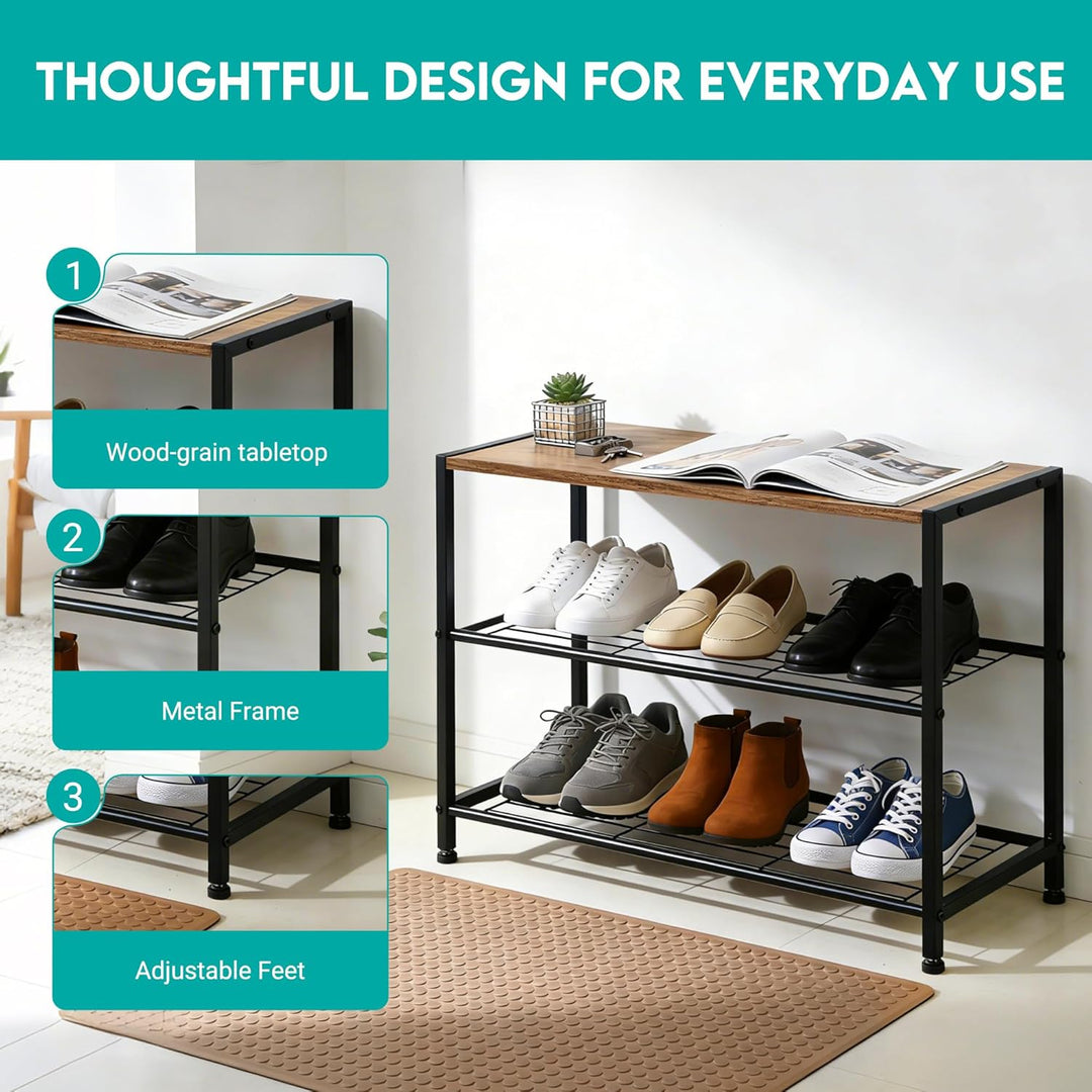 Schuhregal, Schuhregal 3 Ebenen mit Sitzgelegenheit, Metall-Schuhablage für Kleiderschrank, Flur, Ei