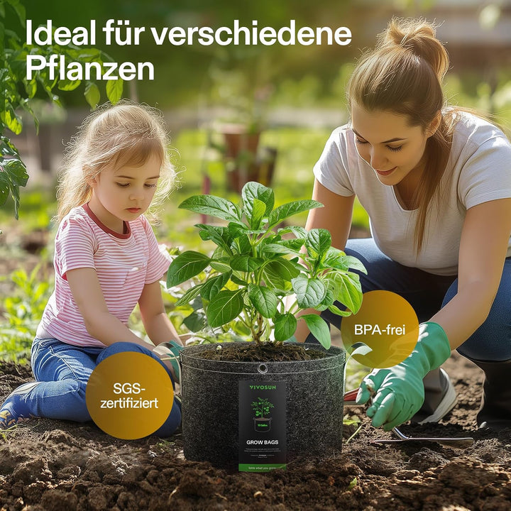 VIVOSUN Pflanzsack 5er-Pack 40L, Stofftopf aus Vliesstoff mit 500g/m² Stärke, mit Tragegriffen und M