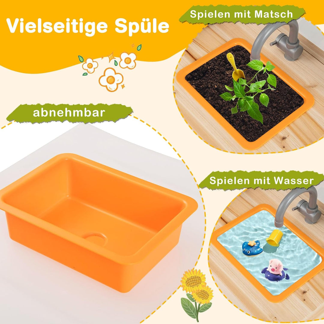 GOPLUS Matschküche Kinder, Spielküche Outdoor mit Pflanzentöpfen, Herdplatten, Abnehmbares Spülbecke