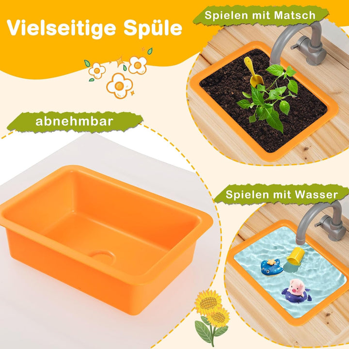 GOPLUS Matschküche Kinder, Spielküche Outdoor mit Pflanzentöpfen, Herdplatten, Abnehmbares Spülbecke