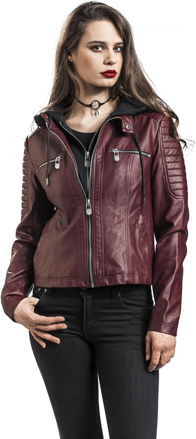 Black Premium by EMP Damen rote Kunstlederjacke mit Kapuze L dunkelrot, L dunkelrot
