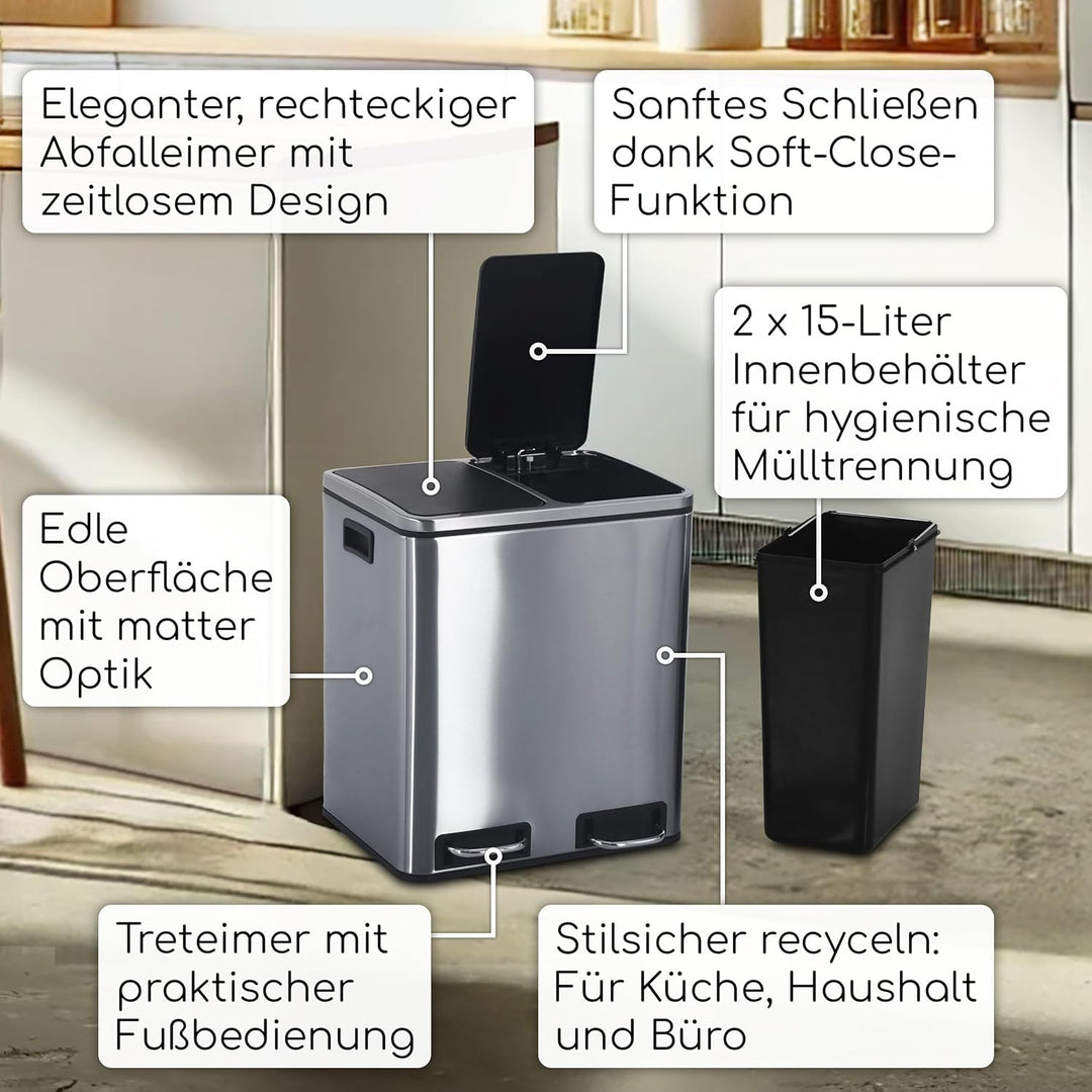 Raburg, Mülleimer, 2 x 15 L, rechteckiger Treteimer, Abfalleimer Küche, mit 2 Deckel und Pedalen, 2