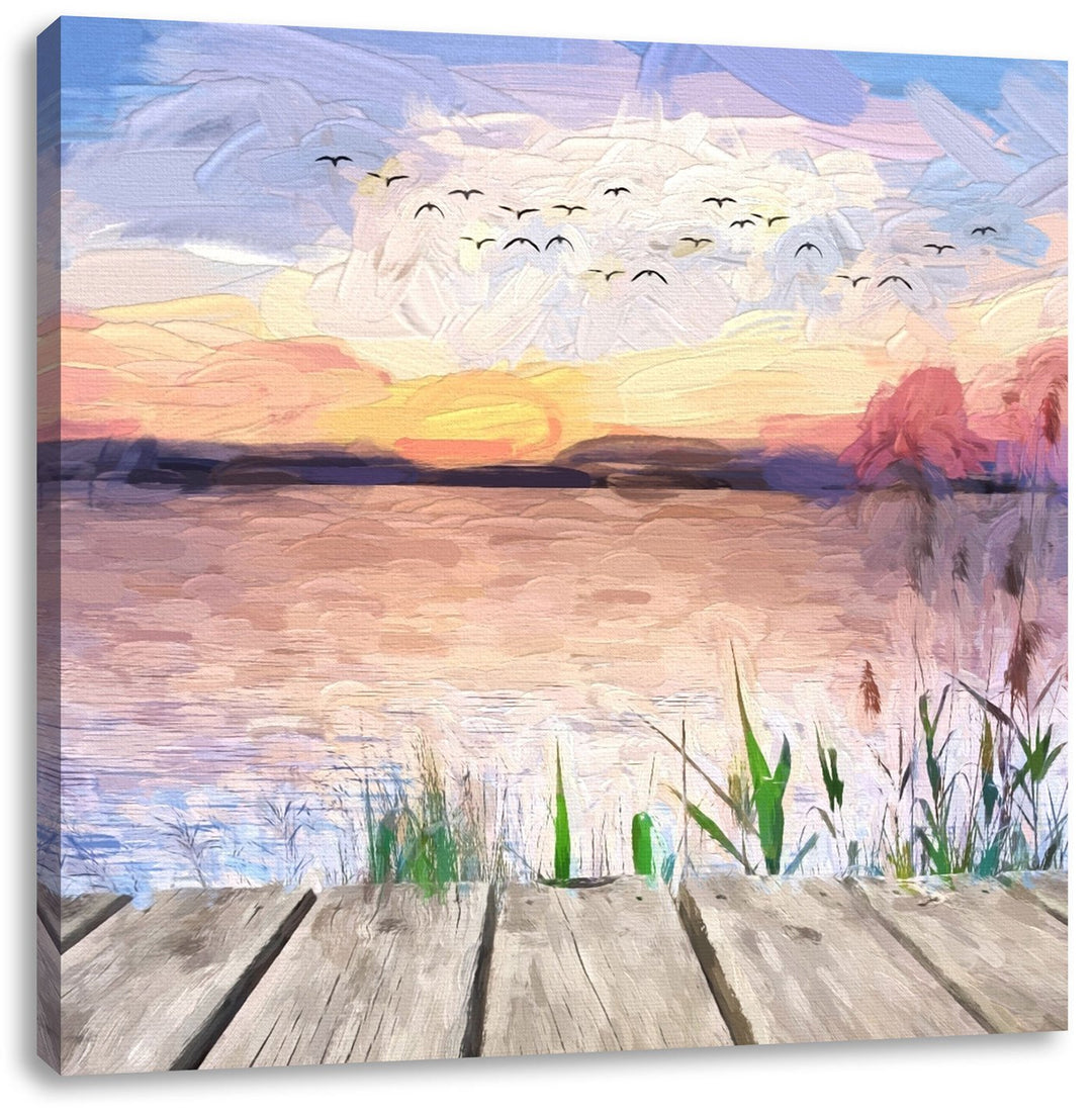 Pixxprint Sonnenuntergang am See Natur Wiese, Format: 70x70 auf Leinwand, 70x70