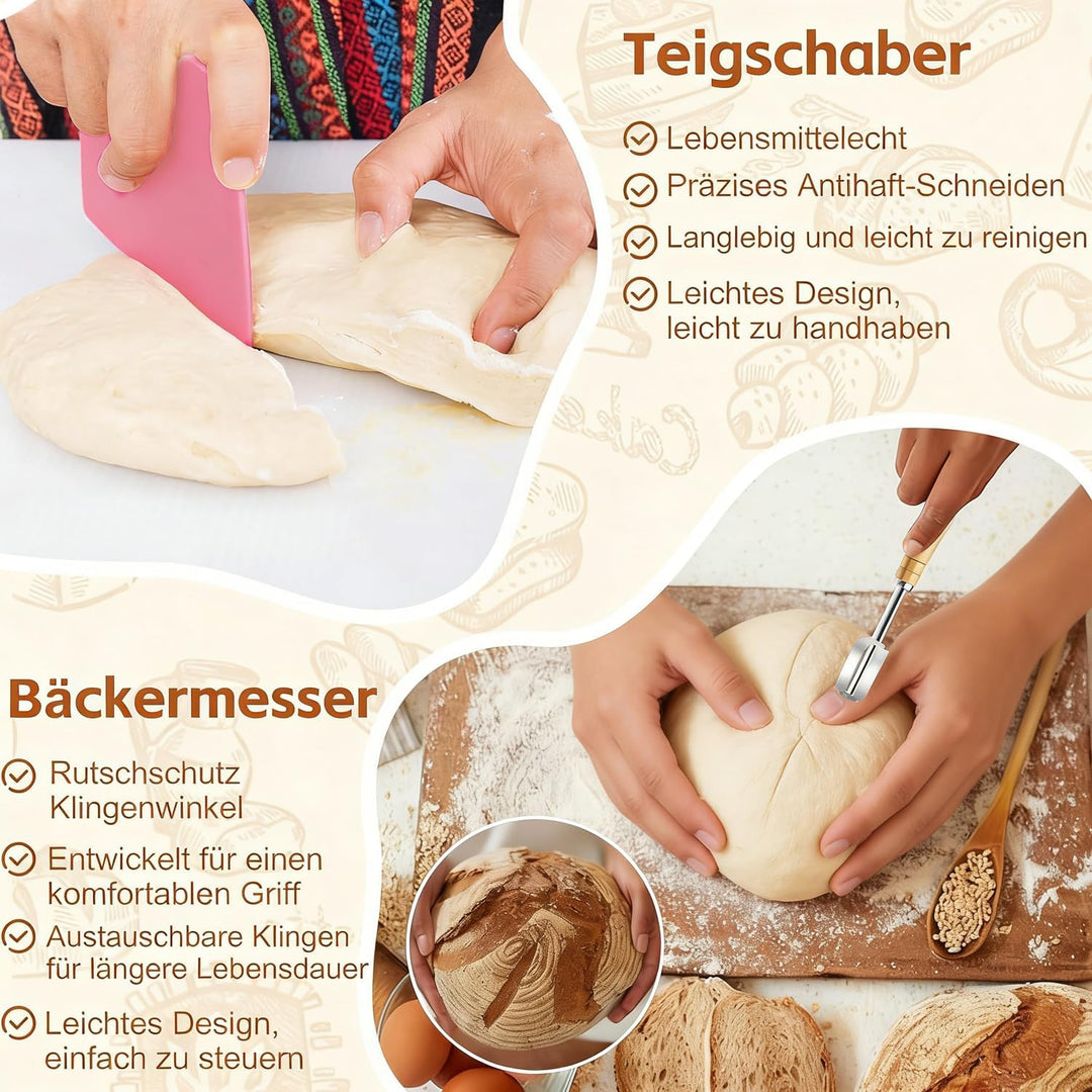 2er-Set Gärkorb Set, Gärkörbchen Rund 23cm & Oval 25cm, Gärfolie für Brot, Bäckermesser, Teigschaber