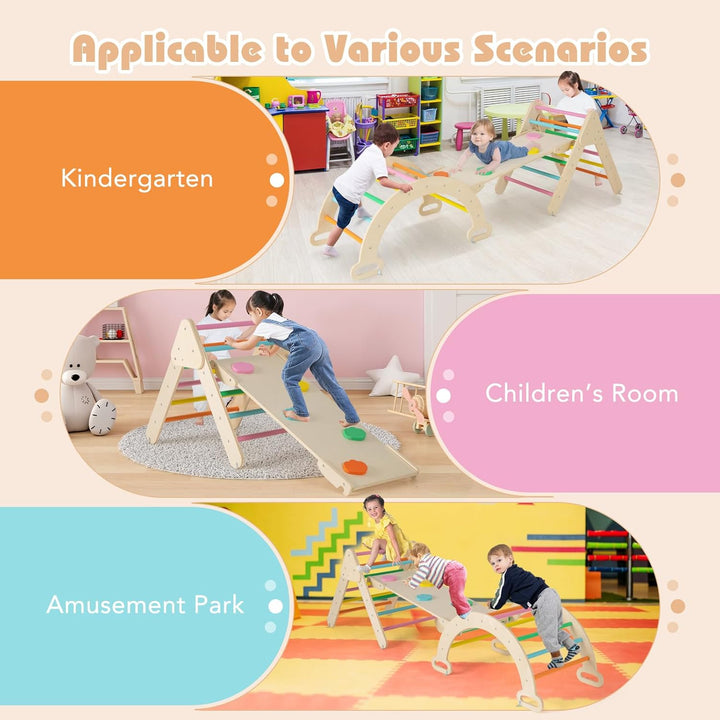 FANTASK 4 in 1 Klettergerüst mit rutsche, Kletterdreieck Holz inkl. doppelseitige Rampe & Kletterbog