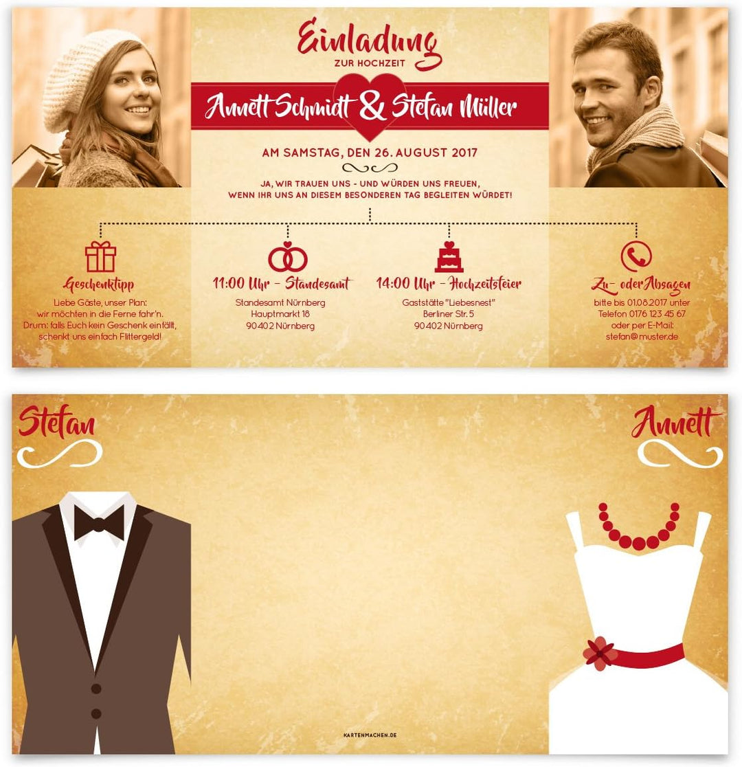 Hochzeitseinladungen (30 Stück) - Braut und Bräutigam Altarfalz - Hochzeitskarten in Vintage