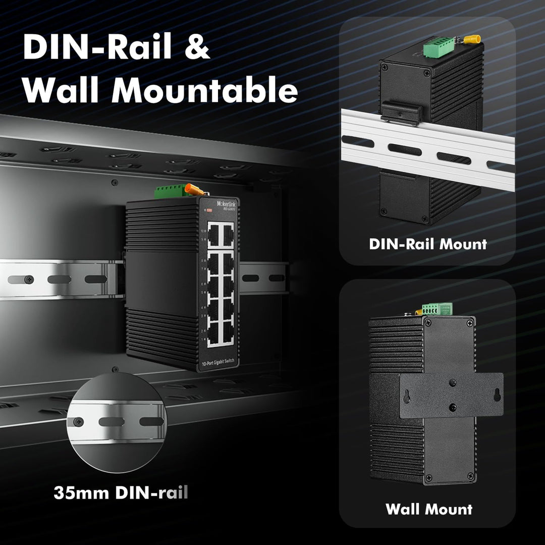 MokerLink 10 Port Gigabit Industrial DIN-Rail Ethernet Switch, Unmanaged IP40 Netzwerk-Switch (-40 b