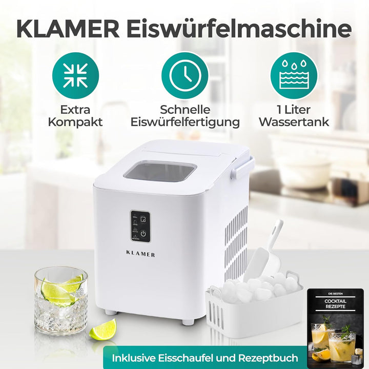 KLAMER Eiswürfelmaschine klein (2025), 8 Eiswürfel in 8 Minuten, 11 kg Eiswürfel pro Tag, 2 Eiswürfe