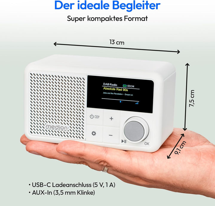 MEDION S66822 Tragbares Mini DAB+ Radio mit Bluetooth (Akku, dimmbares Farbdisplay, Teleskopantenne,