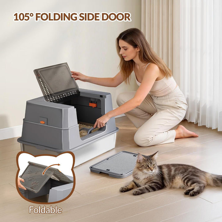 Edelstahl Katzenklo mit Deckel, XXXL Geschlossene Metall Katzentoilette, 70 x 50 x 45 cm, 105° Klapp