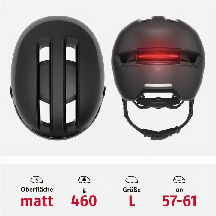 ABUS Stadthelm HUD-Y ACE - stylischer Fahrradhelm mit Visier und magnetischem, aufladbarem LED-Rückl
