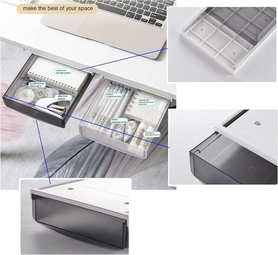 TUKA Unterschreibtisch-Schubladen 24x21x8cm, Selbstklebende Schubladen, Versteckte Unterbauschublade