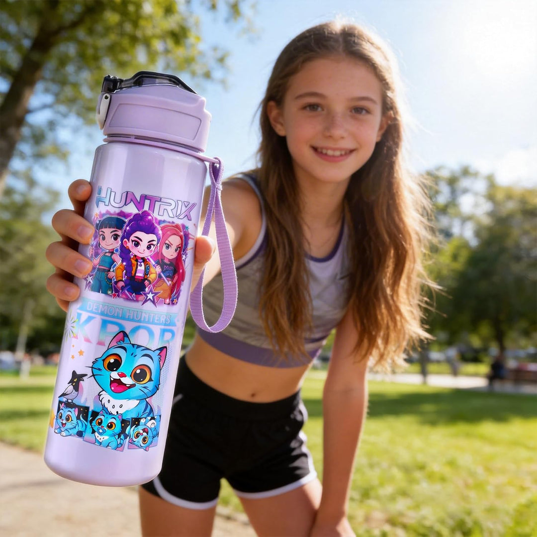 700 ml Trinkflasche mit Strohhalm – Doppelseitiges Cartoon Motiv, auslaufsicherer Trinkbecher mit De
