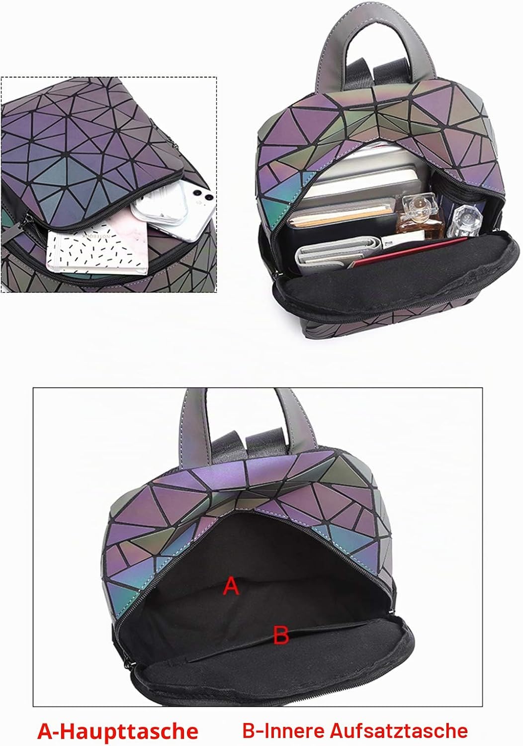 RANSUU Geometrische Taschen Reflektierend Rucksack Damen, Handtasche Holographic Holo Schultertasche