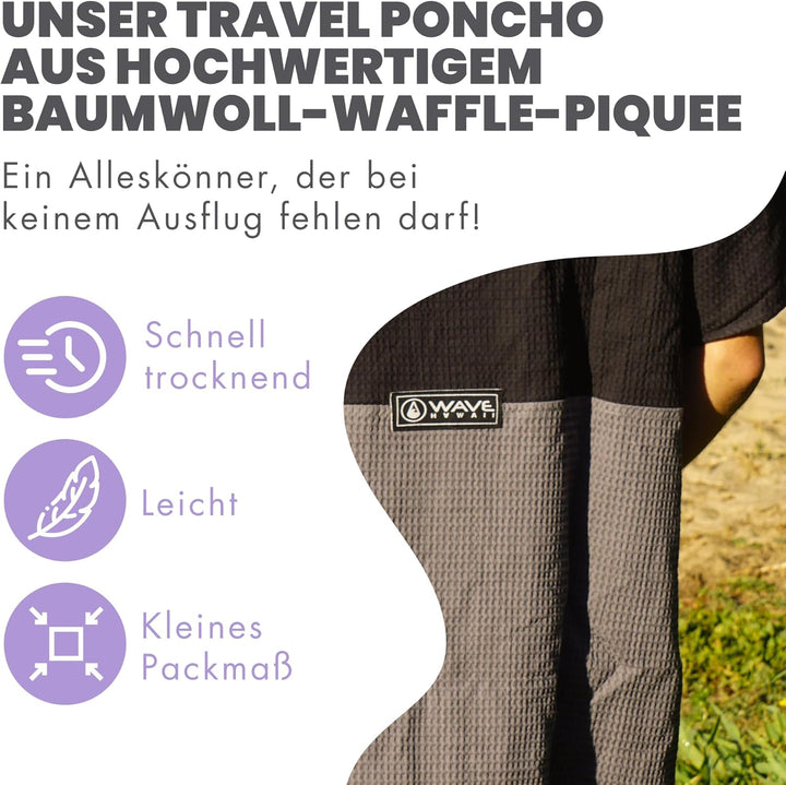 WAVE HAWAII EL Yaque Surfponcho Grau-Schwarz für Körpergrössen von 160-190 cm, Sommer Poncho 100% ÖK