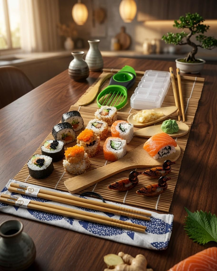 Sushi Set 14-teilig - Bambus Sushi Maker Kit Rollmatte für Anfänger - 2 Matten, 3 Paar Essstäbchen m