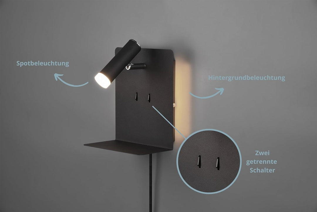 lightling LED Wandleuchte Nachttischlampe Kian mit Lese Spot und Ablage für Handy (inkl. USB Anschlu