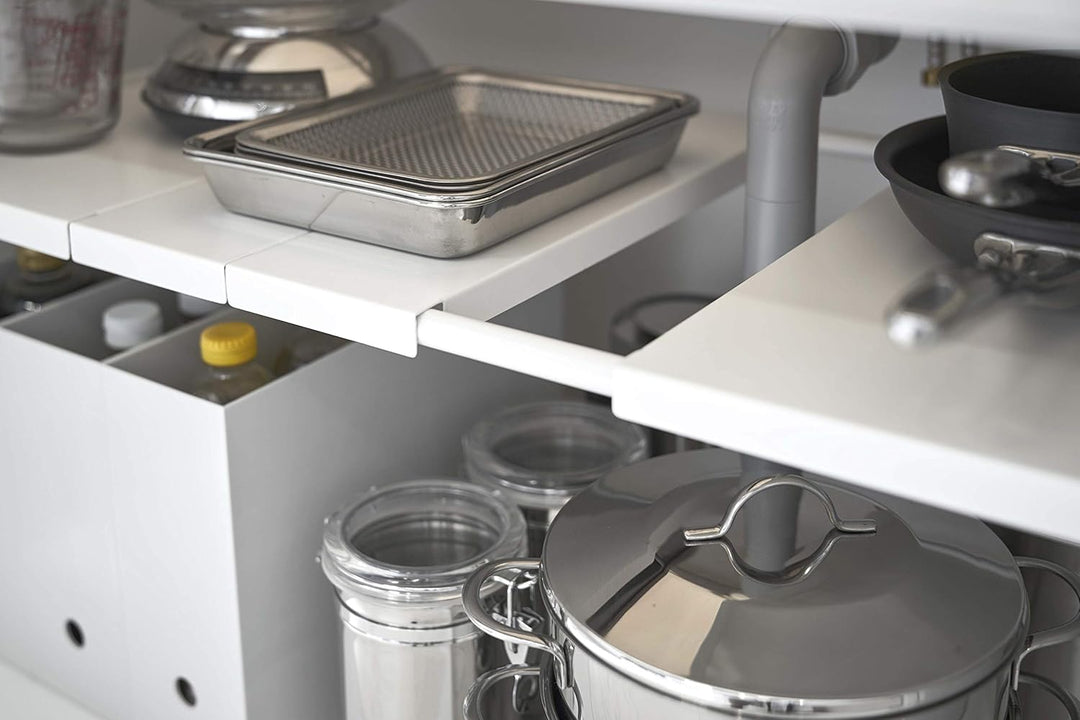 Yamazaki 4948 TOWER Ausziehbarer Organizer mit 2 Ebenen, weiss, Stahl, Minimalistisches Design
