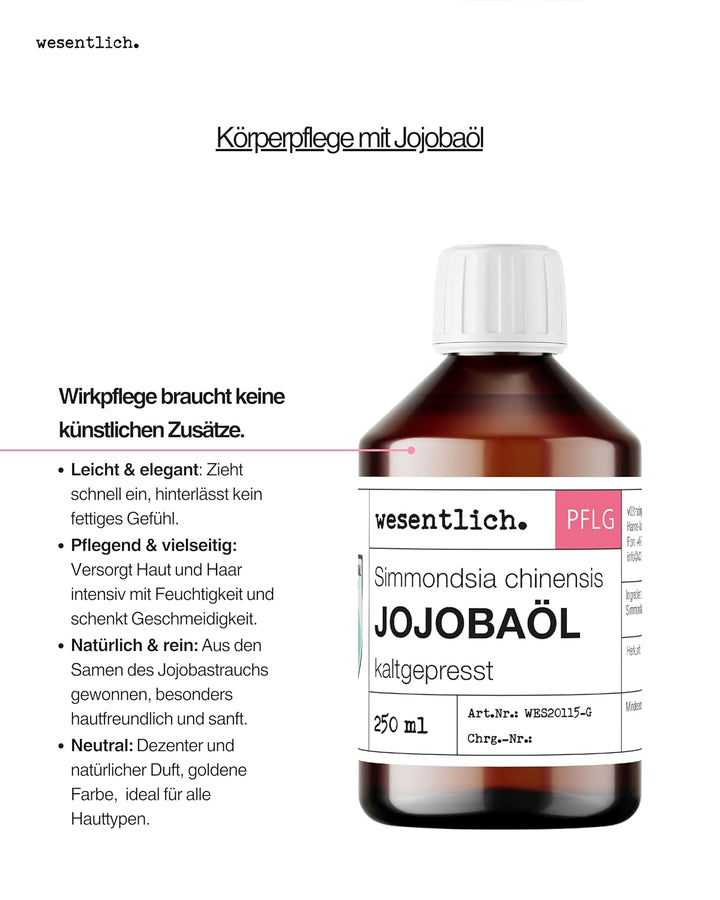 wesentlich. Jojobaöl kaltgepresst 250ml | nativ - 100% reines Jojobaöl | vegan | Haut - Haare - Bart