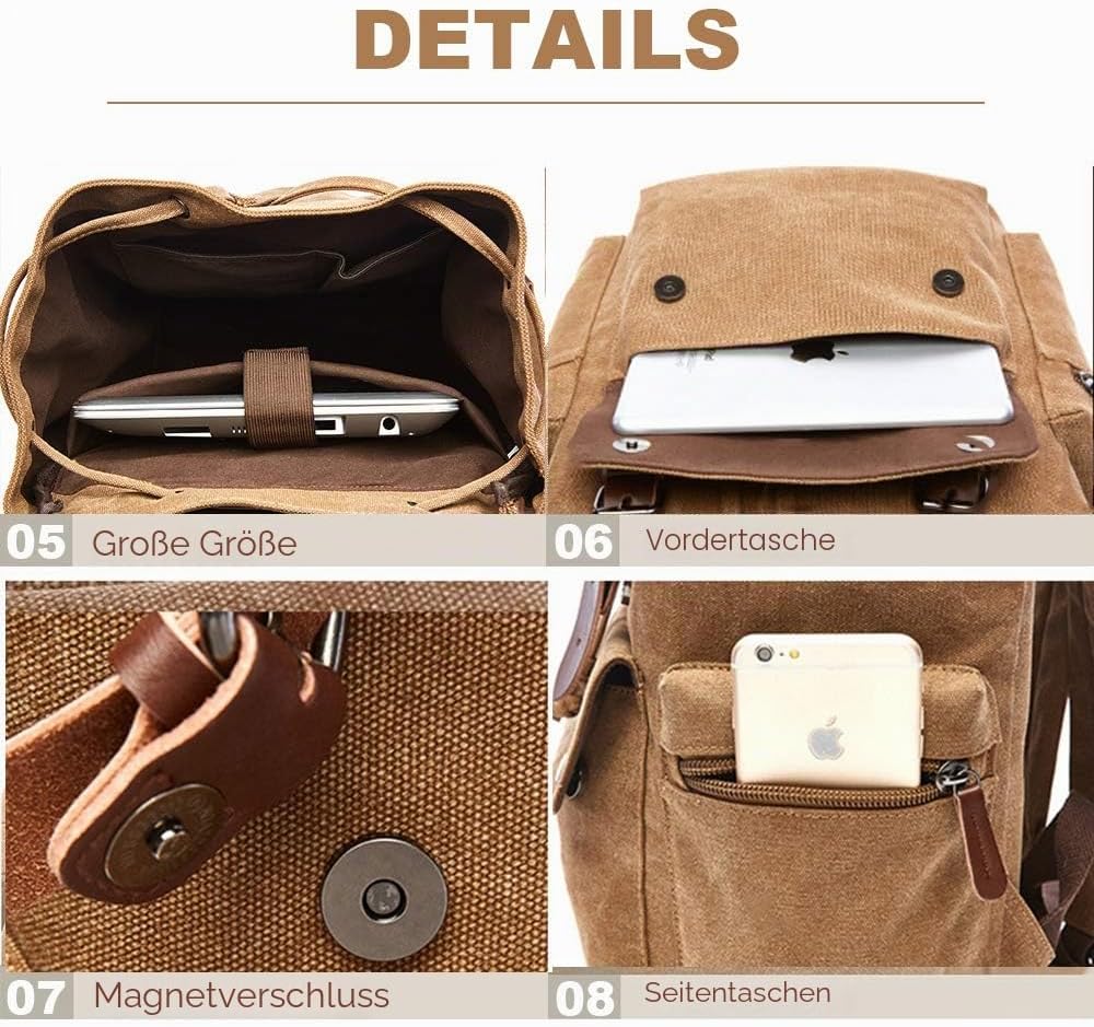 Leinwand Rucksack Jahrgang für Laptop Tagesrucksack Wandern Reisen Grosse Kapazität Tasche Unisex Br