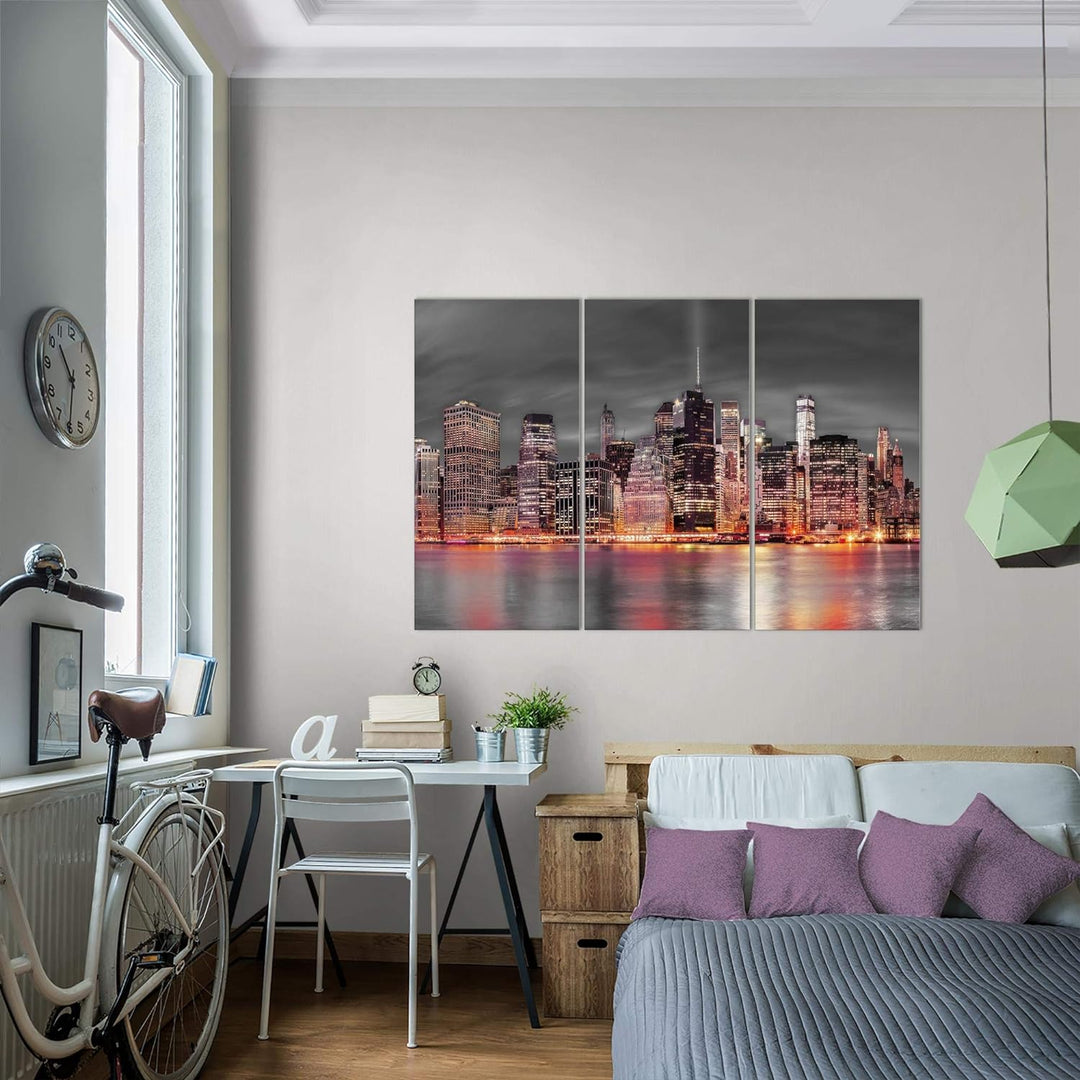 Runa Art Wandbilder New York Bild XXL Wohnzimmer Büro Rot Stadt Skyline 120 x 80 cm 3 Teilig 014031b
