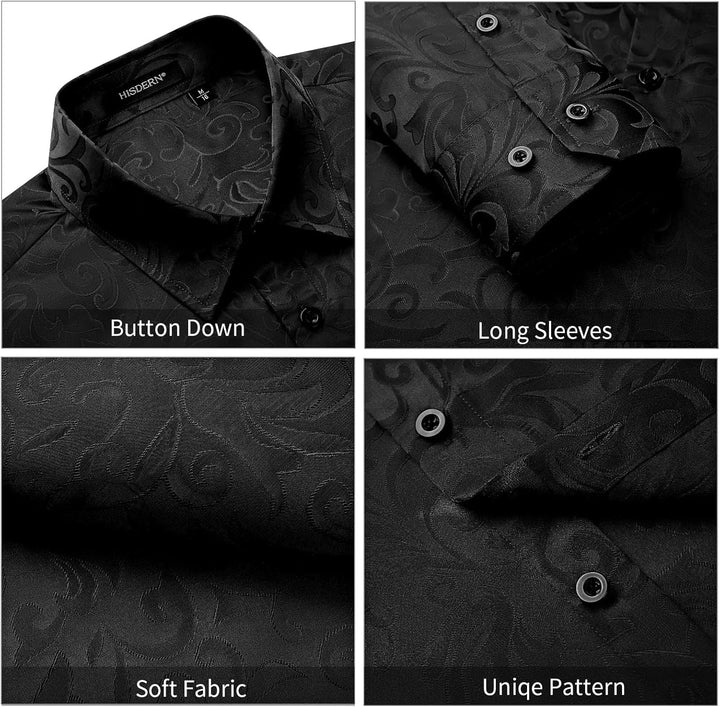 HISDERN Herren Paisley Hemd Langarm Satin Blumen Muster Hemd für Männer Jacquard Stickerei Freizeith