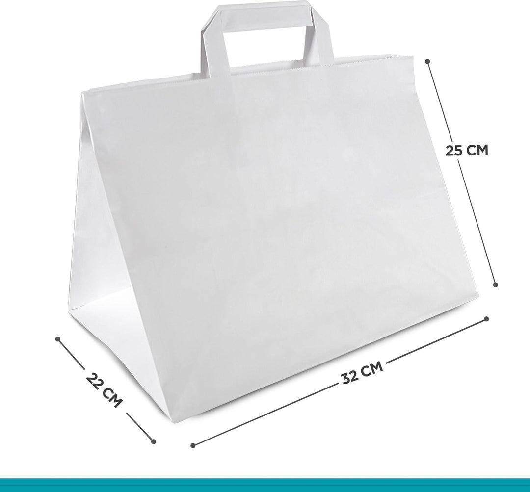 Commerline Papiertüten 250 Stück, Weiss, 32+22x25 cm | Kraftpapier Tüten Klein Mit Henkel | Tragetas