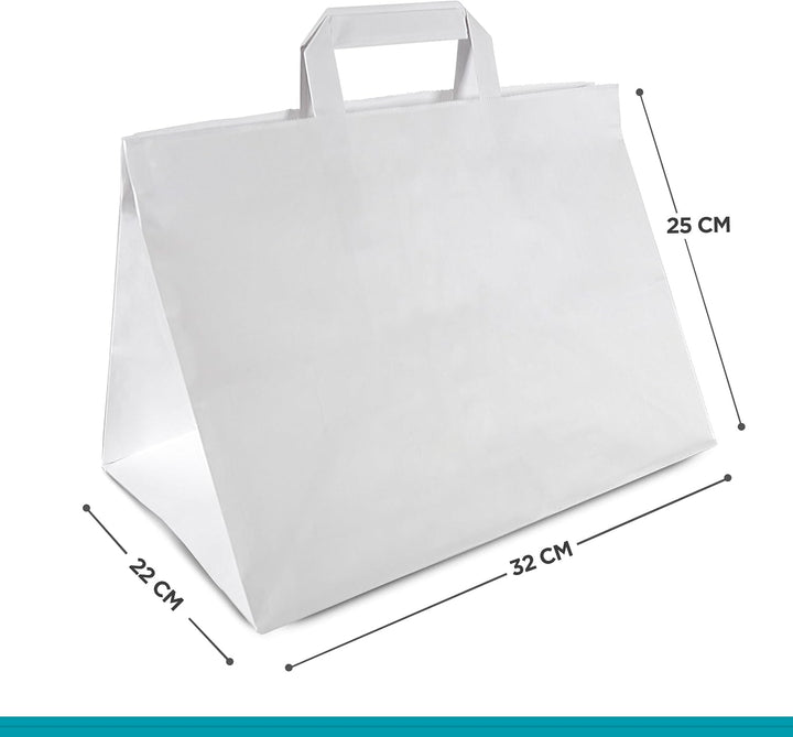 Commerline Papiertüten 250 Stück, Weiss, 32+22x25 cm | Kraftpapier Tüten Klein Mit Henkel | Tragetas