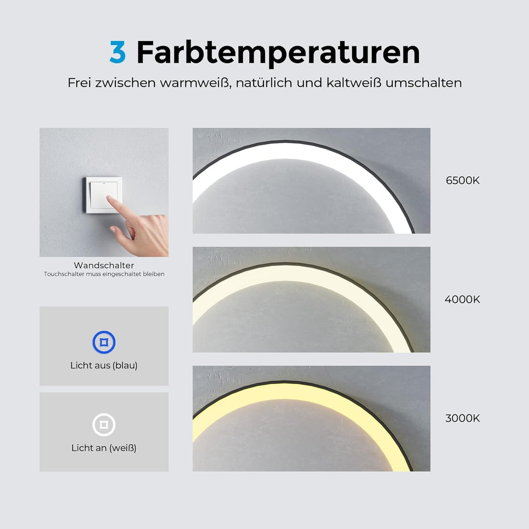 Heilmetz Badspiegel mit Beleuchtung Rund 50cm, LED Badezimmerspiegel mit Licht, 3 Lichtfarben Dimmba