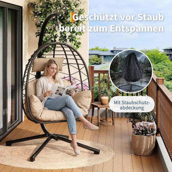 Hängesessel mit Gestell Outdoor bis 150 kg belastbar, Rattan Hängesessel mit Metallgestell, ideal al