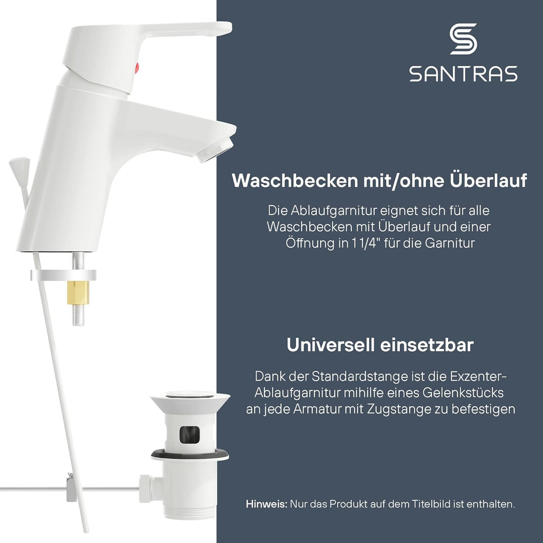 SANTRAS® Exzenter Ablaufgarnitur PREMIUM für Waschtisch mit Schutz vor Überlauf in Weiss – Komplette