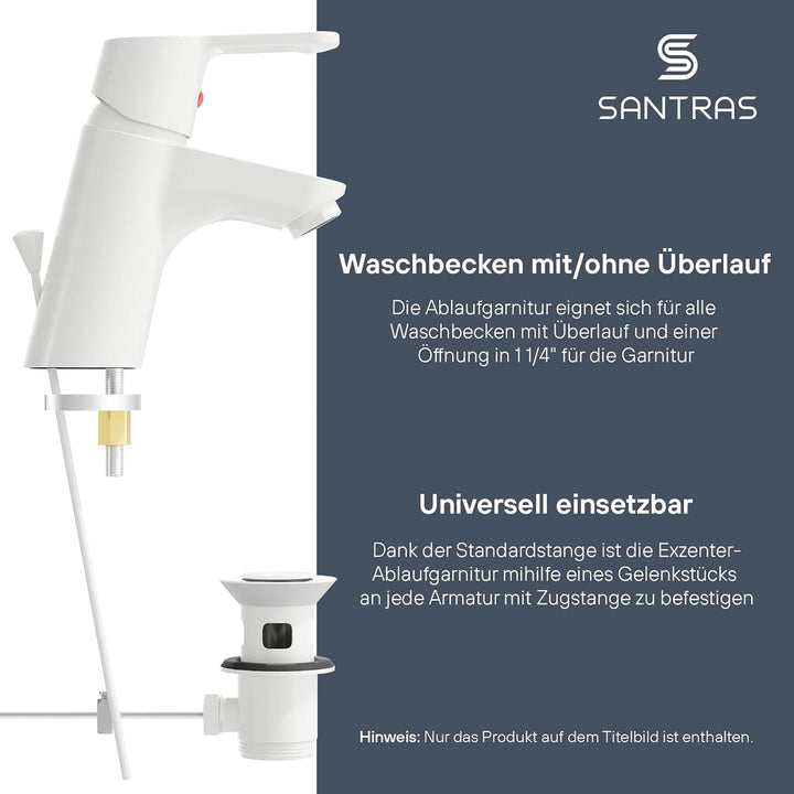 SANTRAS® Exzenter Ablaufgarnitur PREMIUM für Waschtisch mit Schutz vor Überlauf in Weiss – Komplette