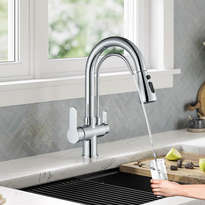Onyzpily Wasserhahn Küche Reines Wasser Küchenarmatur mit ausziehbar Doppelgriff Heisses und kaltes