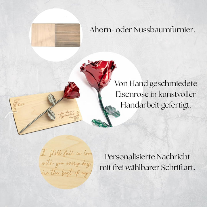 Forging Art Bcn Rose aus Schmiedeeisen auf Holzrahmen mit personalisierter Gravur (Walnuss), Walnuss