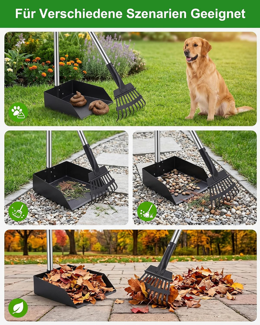 Hundekotschaufel und Harke Set – Hundekotsammler aus Edelstahl | Mit langem Griff für grosse mittelg