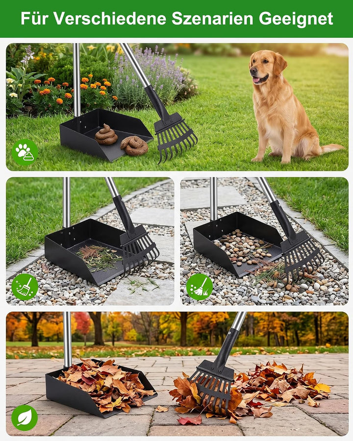 Hundekotschaufel und Harke Set – Hundekotsammler aus Edelstahl | Mit langem Griff für grosse mittelg