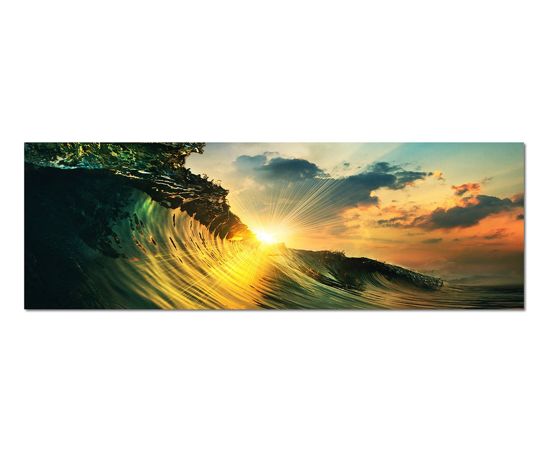 Paul Sinus Art Panoramabild auf Leinwand und Keilrahmen 150x50cm Meer Welle Wolkenhimmel Sonnenunter