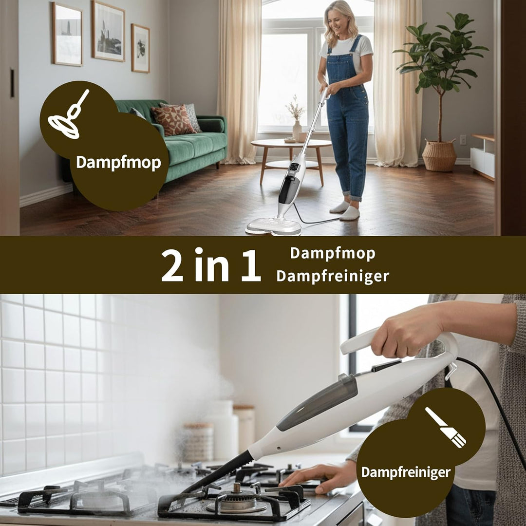 2-in-1 Dampfreiniger Mop mit Handgerät, 30s Schnellaufheizung, 4 Mikrofaserpads, Für alle Hartböden